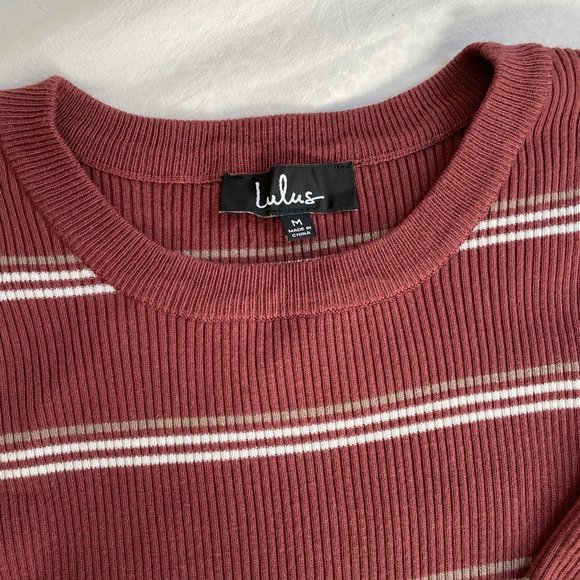 Lulus | Daphnie Rust Brown Striped Cropped Sweater - Picture 3 of 3